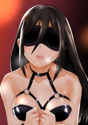 bare_shoulders black_hair blindfold blindfolded bondage bondage_outfit bound bound_wrists breasts female femsub hair_down head_tilt latex lips long_hair morag_ladair_(xenoblade) nayuta-kanata nintendo open_mouth small_breasts solo solo_female submissive submissive_female teeth teeth_showing xenoblade_(series) xenoblade_chronicles_2