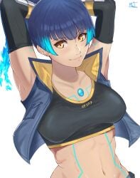 armpits blue_hair breasts brown_eyes core_crystal dark-skinned_female dark_skin female female_only jacket looking_at_viewer magdalenus27 midriff nintendo ponytail sena_(xenoblade) smile solo solo_female tan-skinned_female tan_skin tomboy white_background xenoblade_(series) xenoblade_chronicles_3