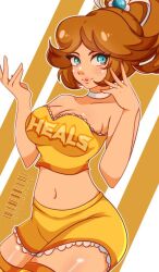 1girls blue_eyes brown_hair choker cleavage clothed cresscin female female_only large_breasts mario_(series) navel nintendo pinup ponytail princess_daisy skimpy skirt smile solo thighhighs tied_hair tubetop