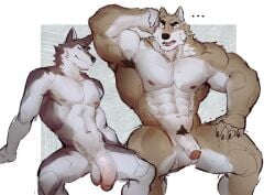 anthro balls being_watched big_penis blush canid canine canis duo flaccid foreskin genitals humanoid_genitalia looking_at_another male male_focus male_only mammal muscular muscular_male penis penis_size_difference reolixious simple_background sitting wolf