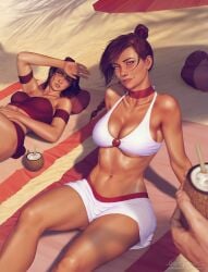 2girls avatar_the_last_airbender beach krysdecker medium_breasts pinup straight_hair suki sunbathing swimsuit ty_lee