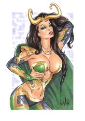 1girls asgardian breasts brown_hair cape cleavage clothed elias_chatzoudis eyeshadow female female_only femme_fatale green_bra horned_headwear human human_only lady_loki large_breasts light-skinned_female light_skin lipstick long_hair looking_at_viewer marvel marvel_comics navel pinup pinup_pose posing red_lipstick seductive_look skimpy solo solo_female thor_(series) touching_breast