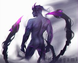 1boy ass back_view backside clawed_fingers claws demon evelynn genderswap genderswap_(ftm) horns huge_muscles league_of_legends looking_back male male_only minagami muscles muscular muscular_arms muscular_ass muscular_back muscular_male nude nude_male purple_skin rule_63 spiky_hair tentacle thick_thighs yellow_eyes