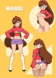 ass back_view bottomless braces brown_hair disney disney_channel disney_xd earrings flats front_view gravity_falls headband long_hair mabel_pines miniskirt nipples panties pussy shaved_pussy shirt_lift skirt_up small_breasts sweater_lift tongue_out vn_simp white_female