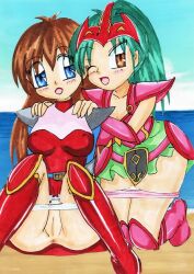 2girls amazona blue_eyes brown_eyes brown_hair flashing green_hair kanda_momo kureha_(pixiv) multiple_girls panties_around_legs panties_aside pussy sitting wonder_momo