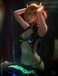 armor arms_up bikini_armor blood_elf blurry breasts brown_hair cleavage earrings female highres jewelry navel pointy_ears raikoart reflection short_hair solo warcraft world_of_warcraft yellow_eyes