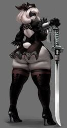 1girls anthro ass big_ass big_breasts blindfold breasts fat_ass female female_focus female_only furry gipehtyboon grey_hair hi_res high_heel_boots horns huge_ass huge_butt legwear nier nier:_automata nier_(series) rule_46 short_hair solo standing sword thick_thighs wide_hips yboon yorha_2b