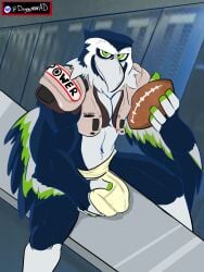 1boy 3:4 accipitrid accipitriform anthro athletic athletic_anthro athletic_male avian ball beak bench biceps bird blitz_the_seahawk blue_body blue_feathers bulge bulge_grab clothing feathers football_(ball) genital_outline green_eyes grey_body grey_feathers grin hi_res jockstrap locker_room male male_only mascot maverickk_(artist) nfl penis_outline protective_gear seattle_seahawks smile solo underwear