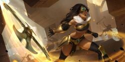 athletic_female brown_skin league_of_legends legends_of_runeterra official_art revealing_clothes sivir