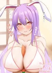 animal_ears areola_slip artist_name bangs bare_shoulders between_breasts bikini blush breasts cleavage collarbone embarrassed female hair_between_eyes highres large_breasts long_hair parted_lips purple_hair rabbit_ears red_eyes reisen_udongein_inaba smile solo swimsuit touhou twitter_username upper_body usaka_ray white_bikini