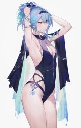 1girls bewitching_thighs blue_hair breasts cape cleavage cloak curvy eula_(genshin_impact) female female_only genshin_impact golden_eyes looking_away necklace one-piece_swimsuit qiandai qiandaiyiyu solo solo_female swimsuit swimwear thick_thighs wet_hair