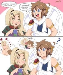 angel angel_wings bite blonde_hair blue_eyes brown_hair cunnilingus karbuitt kid_icarus meme nintendo pit_(kid_icarus) ponytail sometimes_i_wonder_how_i_taste thinking viridi yellow_eyes