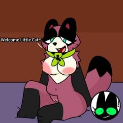 anthro badger bed black_body black_fur breasts canid canine cartoon_network digital_media_(artwork) domestic_cat felid feline felis female fur furniture genitals green_eyes hi_res looking_pleasured lyncario male male/female mammal mao_mao:_heroes_of_pure_heart mustelid musteline nipples nude open_mouth pink_nipples pussy raccoon_dog scarf sheriff_mao_mao_mao simple_background smile surprised_expression tanuki tanya_keys text