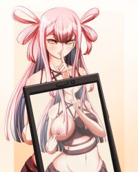 flashing flashing_breasts haewonthewitch indie_virtual_youtuber one_breast_out phone phone_screen pink_hair shh virtual_youtuber