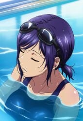 1girls ai_generated alluring bare_legs big_breasts blue_eyes blue_hair cleavage dead_or_alive dead_or_alive_xtreme_venus_vacation doasuki female in_water one-piece_bikini rei_no_pool reika_(doa) swimming swimming_goggles swimming_pool tecmo wet