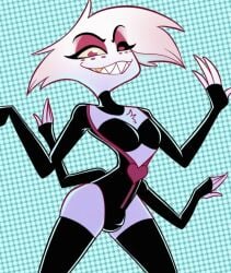 1boy 4_arms 4_fingers angel_dust_(hazbin_hotel) bulge demon golden_tooth hazbin_hotel hourglass_figure latex leotard male male_only monster sexy_clothing sharp_teeth slim_waist smiling smiling_at_viewer spider_humanoid tagme thighhighs vivienne_medrano white_body