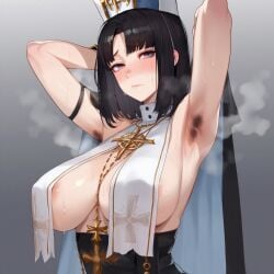 ai_generated areola_slip arm_strap armband armpit_hair armpits arms_behind_head arms_up between_breasts black_hair blue_eyes blush breast_curtains breasts closed_mouth covered_nipples cross cross_necklace female gradient_background grey_background habit hat jewelry large_breasts looking_at_viewer medium_hair mur_ai_nsfw necklace nun parted_bangs presenting_armpit short_hair smell solo steaming_body sweat upper_body white_headwear