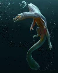 absurd_res ambiguous_gender animal_genitalia belly black_eyes bubble claws cloaca dinosaur facial_scar feet feral fish genitals grey_body grey_scales hi_res hunting jaemin_kim long_claws marine membrane_(anatomy) open_mouth prehistoric_species reptile scales scalie scar school_of_fish sharp_teeth solo spinosaurid spinosaurus swimming teeth theropod toe_claws toes underwater vertical_cloaca water webbed_feet yellow_belly yellow_body yellow_scales