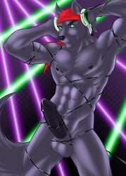 1boy anthro balls bandana big_penis black_nose black_penis canine erection eyes fur furry green_eyes headphones headphones_around_neck hi_res looking_at_viewer lupine_assassin male male_only muscles nipples nude penis precum rave raver solo tenebear wire wolf