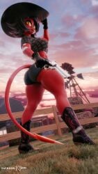 1girls 2025 2025s 2_eyes 3d 3d_(artwork) 3d_model 3d_render anthro anthro_female anthro_girl anthro_only art artist_name ass black_boots black_gloves black_hair black_hair_female black_hat boots bysamzan clothed clothing cloud clouds cowgirl cowgirl_boots cowgirl_hat cowgirl_outfit demon demon_girl demon_tail demongirl detailed_background digital_art digital_media digital_media_(artwork) eye eyes female female_anthro female_humanoid fences foxventus girl gloves grass green_grass gun hat heart heart_symbol helluva_boss humanoid humanoid_anthro humanoid_female humanoid_only jean_shorts jpeg millie_(helluva_boss) pants red_body red_eye red_eyes red_eyes_female red_skin red_skinned_female red_tail render revolver shirt short_hair short_hair_female short_shirt shorts sky solo solo_female solo_girl solo_woman sweat sweaty sweaty_body tagme teeth text weapon white_text woman_only