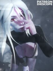 1girls 3d areolae black_clothing blender blue_body blue_skin blue_skinned_female breasts breasts_out clothed clothing diescope dota dota_2 drow_ranger elf female female_focus female_human female_only fingers hi_res human human_only legs looking_at_viewer piercing portrait pose posing red_eyes shiny shiny_skin solo solo_female solo_focus sportswear standing stockings topwear traxex v valve white_hair