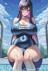 1girls adult ai_generated aurelya_(shionoseed) bangs black_hair blush breasts bulge clothed clothing eyebrows eyebrows_visible_through_hair eyelashes female female_only hair hair_between_eyes japanese_swimsuit legs legs_together lips lipstick long_hair looking_at_viewer massive_breasts nipple_bulge one_piece_swimsuit original original_character outside pool purple_eyes purple_hair seductive shionoseed sitting smile solo solo_female swimsuit thicc thick_thighs