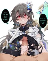 1girls :q akashicelegy black_gloves breasts breasts_out commentary earrings english_commentary entropy_(honkai_impact) erection female fingernails gloves grey_hair hair_between_eyes handjob highres honkai_(series) honkai_impact_3rd intersex jewelry large_breasts long_hair looking_at_penis multiple_girls nipples penis pov red_eyes shrug_(clothing) single_glove smile tongue tongue_out uncensored variant_set vita_(honkai_impact) white_shrug yellow_pupils