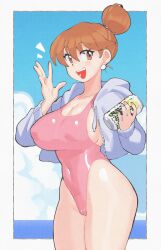 1girls big_breasts brown_eyes brown_hair child_bearing_hips female inkuusan kill_la_kill light-skinned_female mankanshoku_sukuyo mature_female milf studio_trigger swimsuit tied_hair