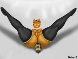 4:3 absurd_res antennae_(anatomy) anthro arthropod arthropod_abdomen bee big_breasts black_clothing black_legwear breasts clothing dakar3 female floating_head food for_a_head front_view fruit genitals golden_rings grey_background hi_res hymenopteran insects legwear looking_at_viewer lying nipples object_head on_back orange_body perspective plant presenting presenting_pussy pumpkibee_(lunarzeclipse) pumpkin pumpkin_head pussy shadow simple_background solo spread_legs spreading thick_thighs yellow_eyes