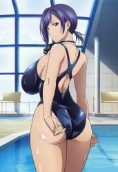 1girls ai_generated alluring bare_legs big_breasts blue_eyes blue_hair cleavage dead_or_alive dead_or_alive_xtreme_venus_vacation doasuki female one-piece_bikini rei_no_pool reika_(doa) swimming swimming_goggles swimming_pool tecmo wet