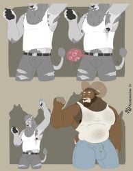 2025 anthro armpit_hair balls_outline barazoku big_bulge big_pecs bodily_fluids body_hair bottomwear bovid bovid_horn bulge caprine caprine_horn clothing comic denim denim_bottomwear denim_clothing detailed_bulge duo electronics eyewear facial_piercing felid genital_outline glasses hi_res horn in_heat internal jeans lactating lion male male/male male_lactation mammal mayternity melancholiclion multiple_ova muscular muscular_male nose_piercing nose_ring ovulating ovum pantherine pants pecs phone piercing public pupils raised_arm ram_horn ring_piercing sheep silhouette size_difference slit_pupils tail torn_bottomwear torn_clothing torn_jeans torn_pants yukoso_(melancholiclion)