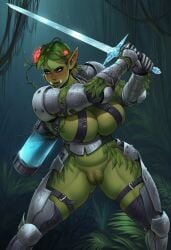 ai_assisted ai_generated breasts female female_focus female_only green_skin greyscaler holding_weapon leaf_hair orc orc_female plant_humanoid puffy_pussy solo world_of_lust:_the_spire