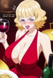 1girls ai_generated angry anime anime_screencap annoyed bangs big_breasts blonde_hair blue_eyes blunt_bangs blush breasts cleavage clothing crumbs deep_cleavage dish dress drunk english_text female female_only half-closed_eyes hi_res highres huge_breasts large_breasts lipstick looking_at_viewer numbleg one_piece open_mouth restaurant shiny_skin short_hair sleeveless solo solo_female speaking stussy_(one_piece) text wavy_hair wine wine_bottle wine_glass