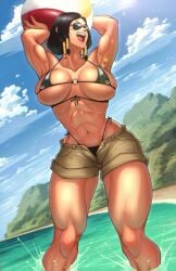 1girls abs big_breasts bikini bikini_top black_hair blizzard_entertainment breasts dark-skinned_female dark_skin female huge_breasts noriakis_art overwatch pharah solo sunglasses tinted_eyewear