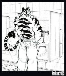 2005 anthro ass bathroom belt feline fur furry jeans male male_only monochrome muscles penis rackun solo stripes tail tiger urinal