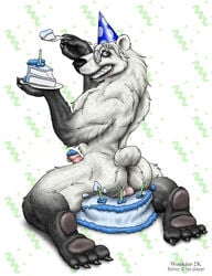 1boy 2000 ass birthday color food furry hindpaw male male_only muscles penis pose solo white_fur white_hair wooky year