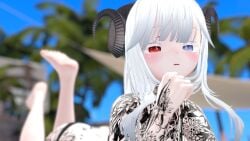 3d beach bikini body_tattoo demon_girl demon_horns feet_in_air freckles game_screenshot heterochromia light-skinned_female on_belly pine_tree ponytail tattoo vr vrchat vrchat_avatar vrchat_media white_hair