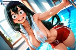 :d ai ai_assisted ai_generated anime areola_slip armpits artist_name asui_tsuyu black_eyes black_hair blush boku_no_hero_academia breasts collarbone covered_nipples day dibzprintz dolphin_shorts dutch_angle fansly female green_hair hair_between_eyes hair_rings hi_res high_quality high_resolution highres indoors large_breasts leaning_forward long_hair looking_at_viewer low-tied_long_hair my_hero_academia navel nipples open_mouth pool pool_ladder red_shorts see-through shorts smile solo stomach teeth thighs tongue topless towel towel_around_neck tsuyu_asui very_long_hair wading water watermark wet wet_clothes wet_hair window