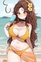 beach big_breasts big_thighs bikini brown_hair orange_bikini perfect_body ponytail sexy sky_(skyaboveme) skyaboveme vtuber