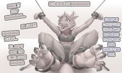 5:3 absurd_res andrina_wolf anthro bondage bondage bound clothed clothing english_text feet female foot_fetish fur hi_res hybrid mammal monduck offscreen_character restraints solo tail text tickling