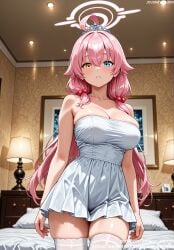 ahoge ai_generated alternate_costume bangs bare_arms bare_shoulders bed blue_archive blue_eyes blush breasts clavicle cleavage clothing collarbone curtains dress female female hair_between_eyes hair_bobbles hair_ornament halo heterochromia hoshino_(blue_archive) indoors jousneystudio lamp large_breasts legwear long_hair looking_at_viewer low_twintails on_bed parted_lips pillow pink_hair pink_halo short_dress skindentation smile solo strapless strapless_dress takanashi_hoshino thighhighs thighs twintails very_long_hair white_dress white_legwear white_thighhighs window yellow_eyes zettai_ryouiki
