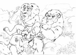 alakay_alex anal anal_sex dreamworks feline furryrevolution gay line_art lineart lion madagascar_(series) madagascar_escape_2_africa male male/male male_only mammal monochrome outdoors paramount_pictures stand_and_carry_position standing_sex threesome yaoi zuba