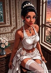 ai_generated bangs bare_shoulders black_hair blush bouquet breasts bridal_veil bride brown_eyes clavicle cleavage clothing collarbone crop_top dark-skinned_female dark_skin desk disney disney_princess drawer dress earrings evening female female female_only flower gem hair_bun hair_flower hair_ornament indoors jewelry jousneystudio lace lace-trimmed_legwear lace_trim large_breasts legwear lingerie lips lipstick looking_at_viewer makeup medium_breasts midriff navel necklace original parted_lips picture_frame ponytail princess_tiana red_lips rose single_hair_bun sitting skirt smile solo sunset the_princess_and_the_frog thighhighs thighs tiana vase wedding_dress white_dress white_flower white_legwear white_rose white_skirt white_thighhighs window