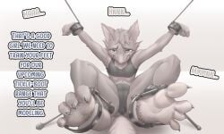 5:3 absurd_res andrina_wolf anthro bondage bondage bound clothed clothing english_text feet female foot_fetish fur hi_res hybrid mammal monduck offscreen_character restraints solo tail text tickling