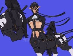 anus armbinder backsack balls bdsm_gear bit_gag blue_background bondage chastity_cage chastity_device collar equestrian_bondage equid equid_taur equine equine_anus equine_taur furgonomics gag gagged genitals hands_behind_back harness harness_bit_gag harness_gag horse horse_taur humanoid_pointy_ears male mammal mammal_taur muzzle_(object) nipples perineum pointy_ears puffy_anus rear_view simple_background smooshkin solo straps submissive submissive_male taur thick_thighs