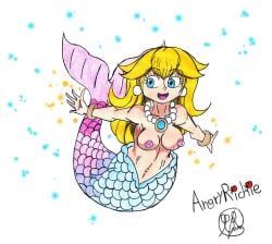 1girls 2020s 2024 5_fingers angryrichie blonde_hair blue_eyes blue_gem breasts earrings female female_focus female_only gem happy hi_res jpeg large_nipples mario_(series) mermaid mermaid_only mermaid_peach mermay multicolored_tail nintendo nipples open_eyes open_mouth pearl_(gem) pearl_earrings pearl_necklace post_transformation princess princess_peach princess_peach:_showtime! pussy signature smile solo tail wristband