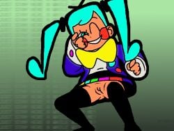 1girls accurate_art_style artstyle_imitation ass ass_visible_through_thighs blush bow bow_tie bowtie cartoony cyan_eyes cyan_hair eyebrows_hidden_by_hair eyelashes female flat_colors flavor_foley floating hatsune_miku hatsune_miku_(static) human legs legs_apart long_sleeves looking_at_viewer medium_breasts mostly_clothed multicolored_skirt mv_character no_panties no_sex one_eye_closed one_hand_up pants_removed pussy rathbuni red_cheeks showing_off solo solo_female solo_focus thigh_highs thighhighs thighs unbuttoned unbuttoned_shirt upskirt vagina vocaloid wink yellow_bow yellow_bow_tie yellow_bowtie