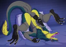 absurd_res animal_genitalia anthro anus ass balls bodily_fluids brom_(sahurus) claws cum ejaculation erection fur genital_fluids genitals green_body green_fur grey_body grey_fur hi_res knot knotted_penis legs_up lying male on_back pawpads paws penis pillow re-re sergal solo tail tongue tongue_out yellow_body yellow_fur