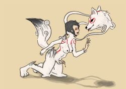 amaterasu_(okami) anthro areola biped black_hair black_markings black_nipples black_nose blush breasts canid canine capcom colored cum_from_penis digitigrade dipstick_tail erection fox fur futanari gender_transformation genitals goo_drip goo_transformation gynomorph hair human human_to_anthro intersex kimarikamatori kimarikamatori_(character) kneeling mammal markings mtf_transformation nipples nude okami_(capcom) open_mouth penis puddle red_markings sackless shadow side_view simple_background solo species_transformation spiral_eyes stoneheron tail tail_markings takeover transformation unknown_year white_body white_fur