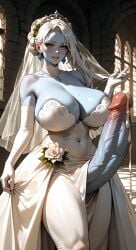 ai-created ai_art ai_generated big_breasts boobs_bigger_than_head breasts dark dark_elf elf elf_futa futa_only futanari gigantic_breasts huge_boobs huge_breasts intersex solo_futa tits_bigger_than_head wedding wedding_dress wedding_night